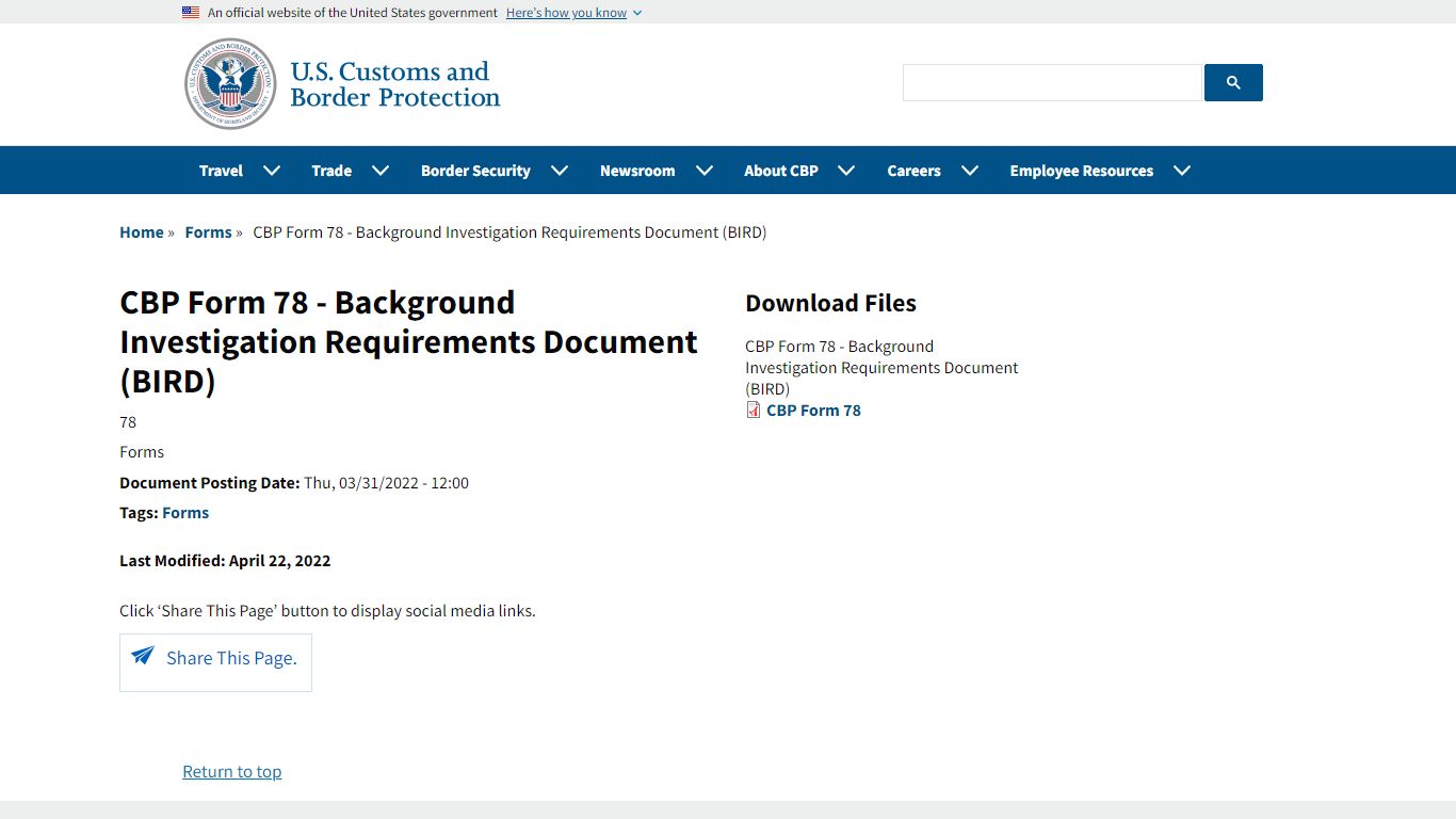 CBP Form 78 - Background Investigation Requirements Document (BIRD) | U ...